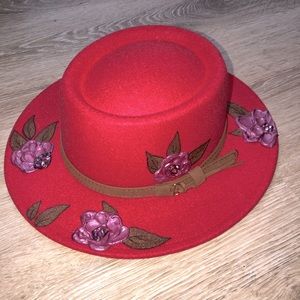 Custom painted floral designed red boater hat